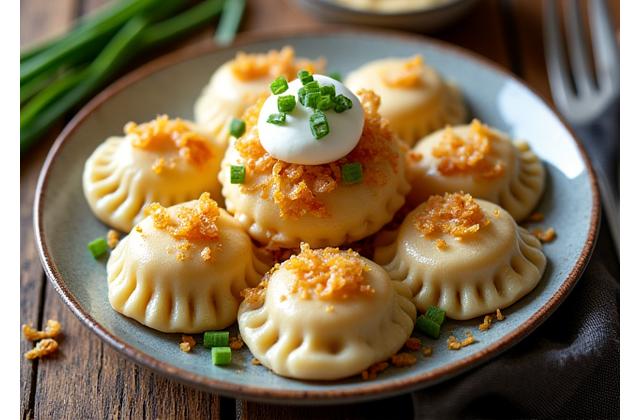 Tradycyjne pierogi ruskie z cebulką i śmietaną